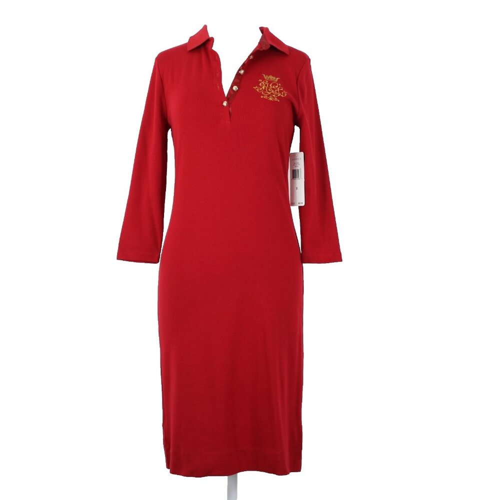Ralph Lauren $100 Sz S Red Gold Embroidered Beaded 100% Cotton Dress